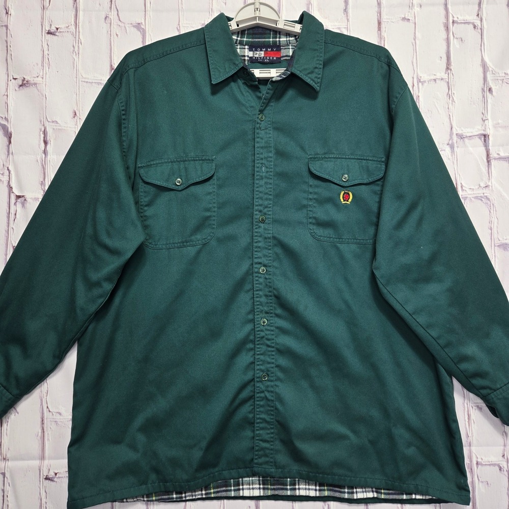 Vintage Tommy Hilfiger Flannel Lined Shirt Jacket Green Mens XL Plaid Crest Logo